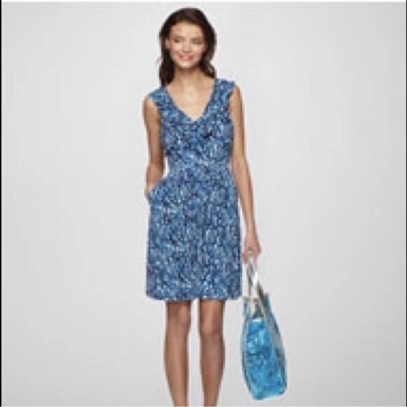 Lilly Pulitzer Katy Summer Dress MEDIUM Blue Ruffle Neck w pockets - Picture 2 of 11